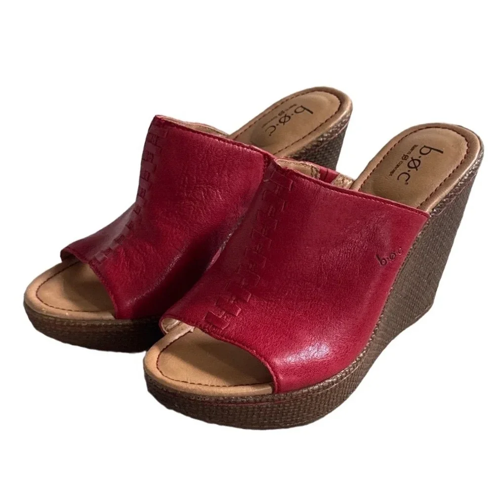 b.o.c. Born Concept Red Leather Wedge Sandals Platform Slides Women Size 7/38